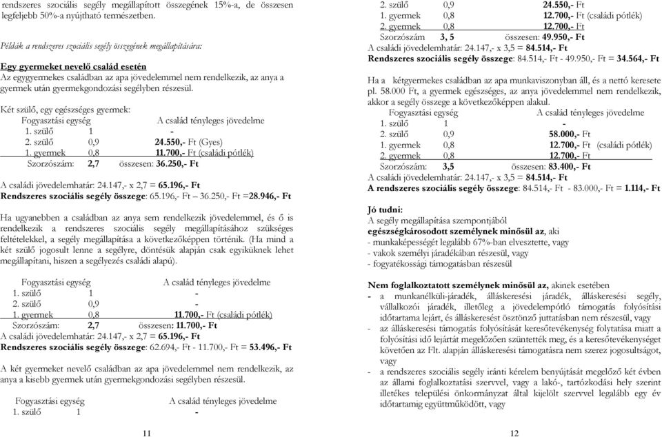 gyermekgondozási segélyben részesül. Két szülő, egy egészséges gyermek: Fogyasztási egység A család tényleges jövedelme 1. szülő 1-2. szülő 0,9 24.550,- Ft (Gyes) 1. gyermek 0,8 11.