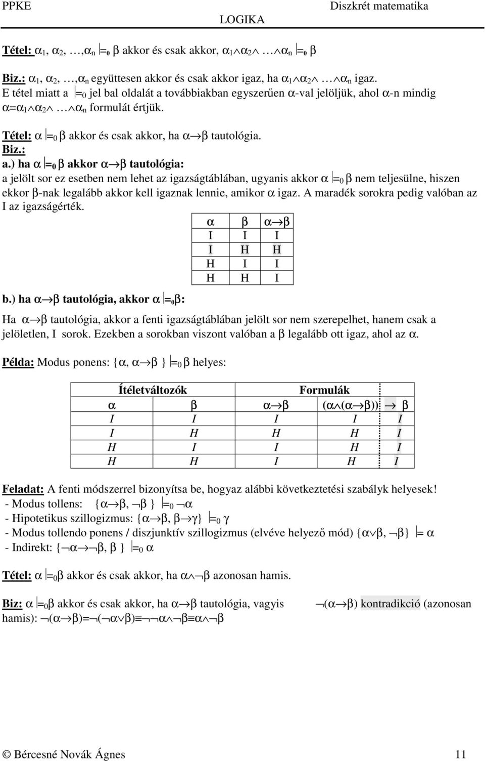 ) ha α = 0 β akkor α β tautológia: a jelölt sor ez esetben nem lehet az igazságtáblában, ugyanis akkor α = 0 β nem teljesülne, hiszen ekkor β-nak legalább akkor kell igaznak lennie, amikor α igaz.