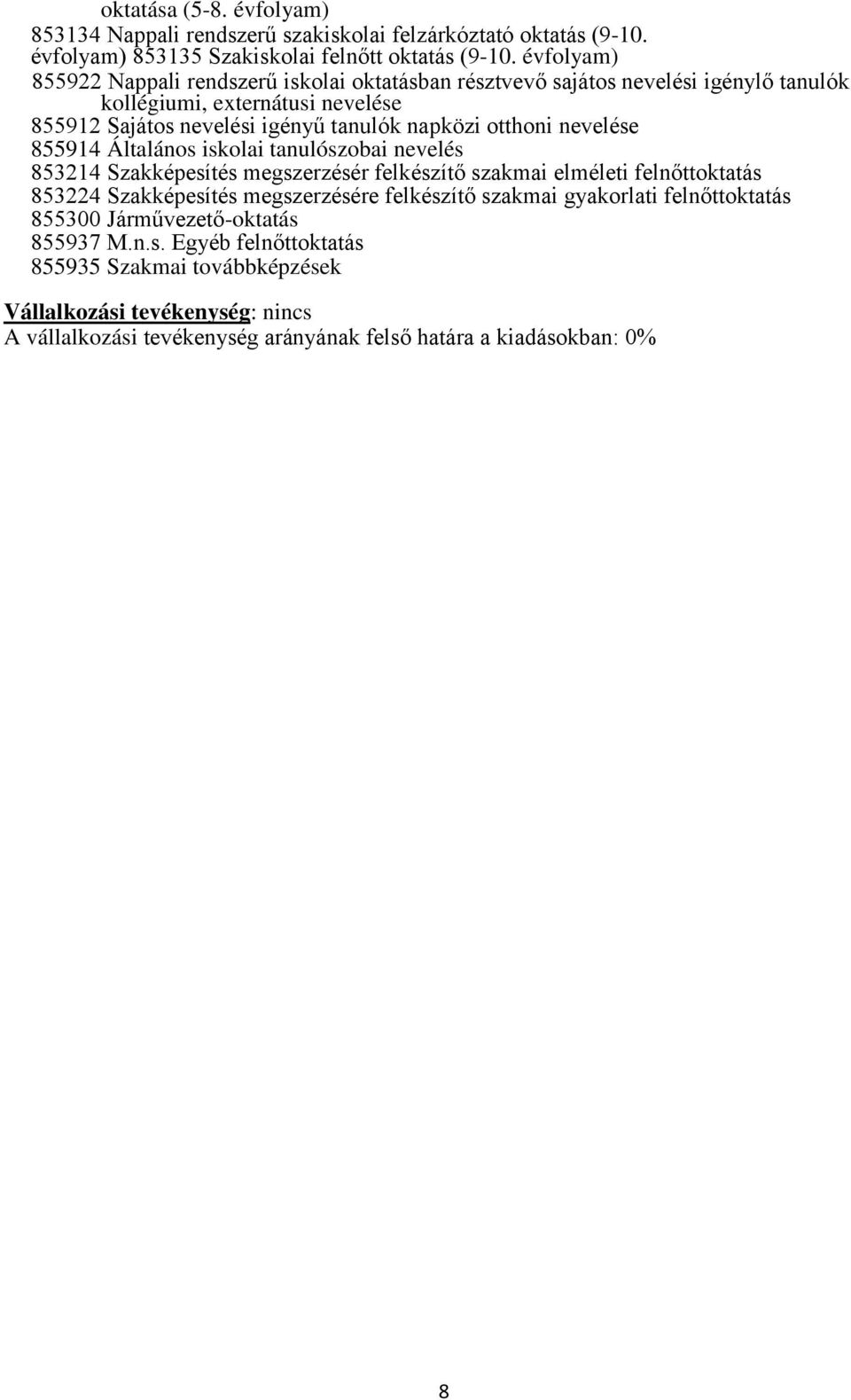 otthoni nevelése 855914 Általános iskolai tanulószobai nevelés 853214 Szakképesítés megszerzésér felkészítő szakmai elméleti felnőttoktatás 853224 Szakképesítés megszerzésére