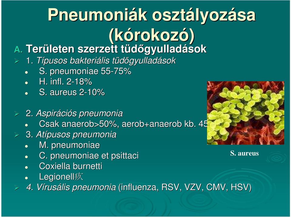 Aspirációs pneumonia Csak anaerob>50%, aerob+anaerob kb. 45% 3. Atípusos pneumonia M.