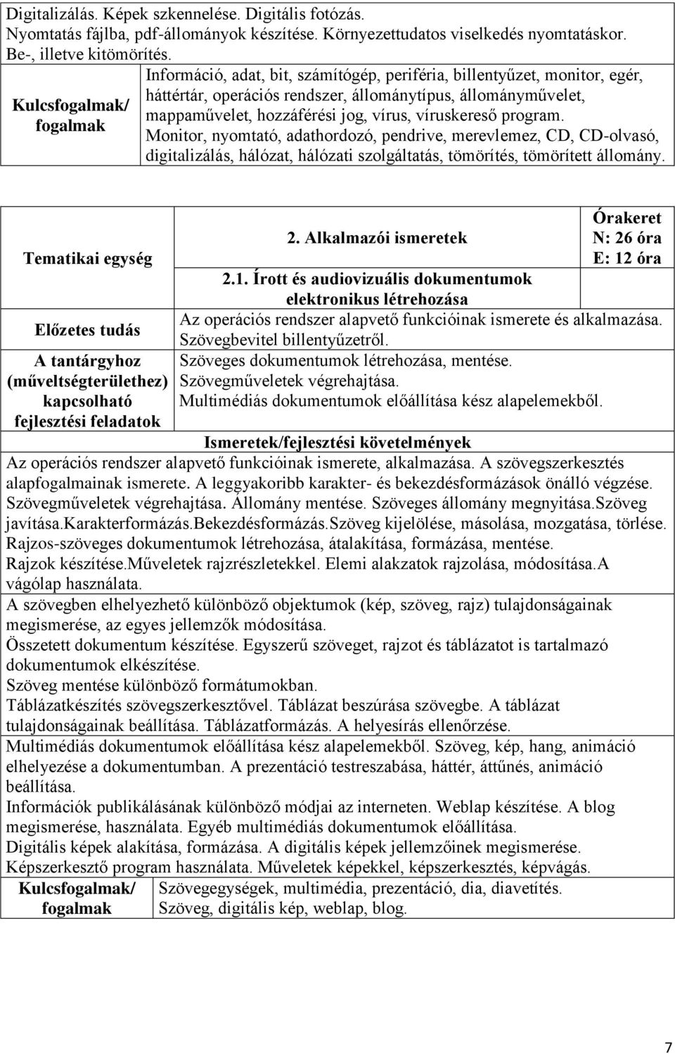 Monitor, nyomtató, adathordozó, pendrive, merevlemez, CD, CD-olvasó, digitalizálás, hálózat, hálózati szolgáltatás, tömörítés, tömörített állomány. kapcsolható fejlesztési feladatok 2.