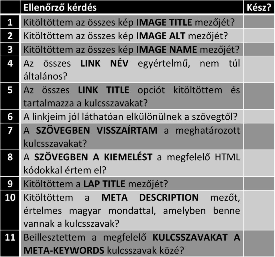 6 A linkjeim jól láthatóan elkülönülnek a szövegtől? 7 A SZÖVEGBEN VISSZAÍRTAM a meghatározott kulcsszavakat? 8 A SZÖVEGBEN A KIEMELÉST a megfelelő HTML kódokkal értem el?