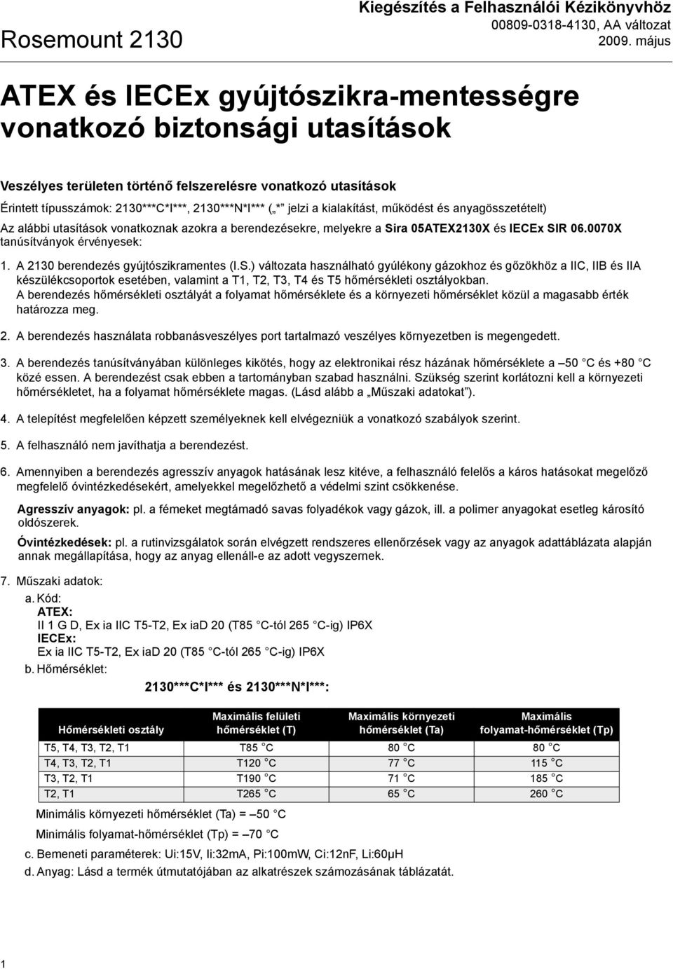 jelzi a kialakítást, működést és anyagösszetételt) Az alábbi utasítások vonatkoznak azokra a berendezésekre, melyekre a Sira 05ATEX2130X és IECEx SIR 06.0070X tanúsítványok érvényesek: 1.