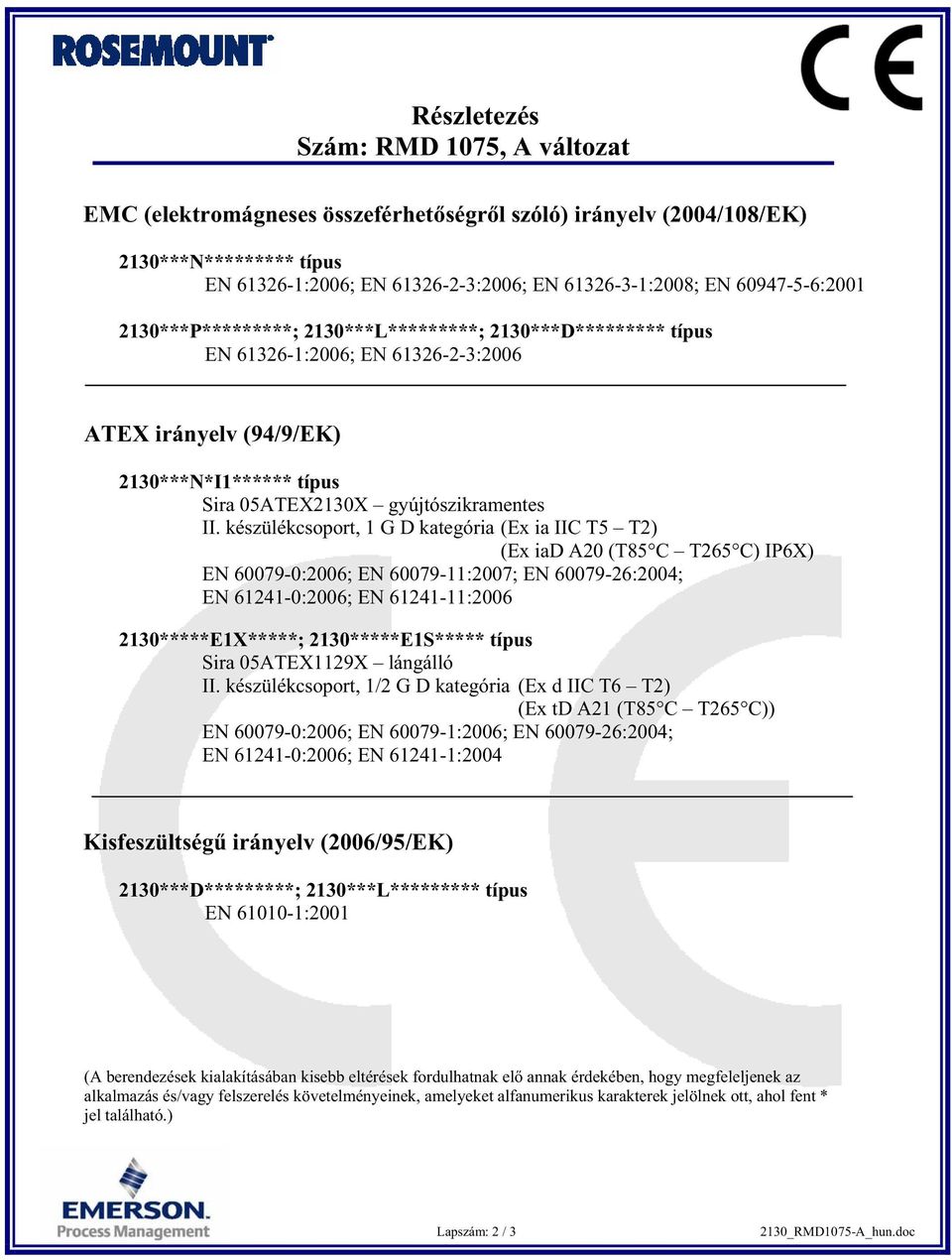 készülékcsoport, 1 G D kategória (Ex ia IIC T5 T2) (Ex iad A20 (T85 C T265 C) IP6X) EN 60079-0:2006; EN 60079-11:2007; EN 60079-26:2004; EN 61241-0:2006; EN 61241-11:2006 2130*****E1X*****;