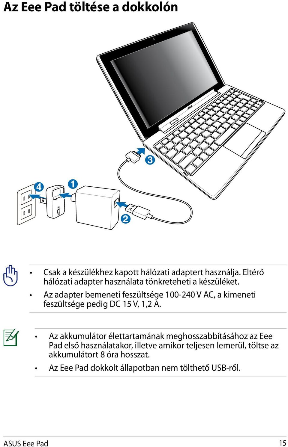 Az adapter bemeneti feszültsége 100-240 V AC, a kimeneti feszültsége pedig DC 15 V, 1,2 A.
