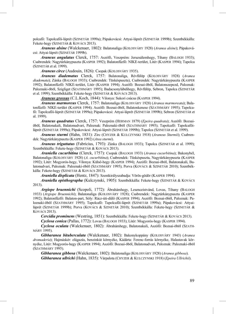 Araneus angulatus Clerck, 1757: Aszóf, Veszprém: Jeruzsálemhegy, Tihany (BALOGH 1933); Csabrendek: Nagytárkánypuszta (KASPER 1992); Balatonf zf : NIKE-terület, Litér (KASPER 1994); Tapolca (SZINETÁR
