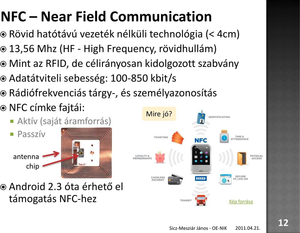 sebesség: 100-850 kbit/s Rádiófrekvenciás tárgy-, és személyazonosítás NFC címke fajtái: Mire jó?