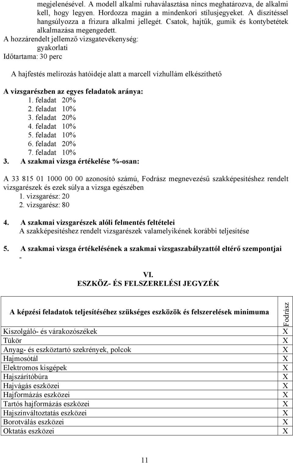 hozzárendelt jellemző vizsgatevékenység: Időtartama: 30 perc hajfestés melírozás hatóideje alatt a marcell vízhullám elkészíthető vizsgarészben az egyes feladatok aránya: 1. feladat 20% 2.