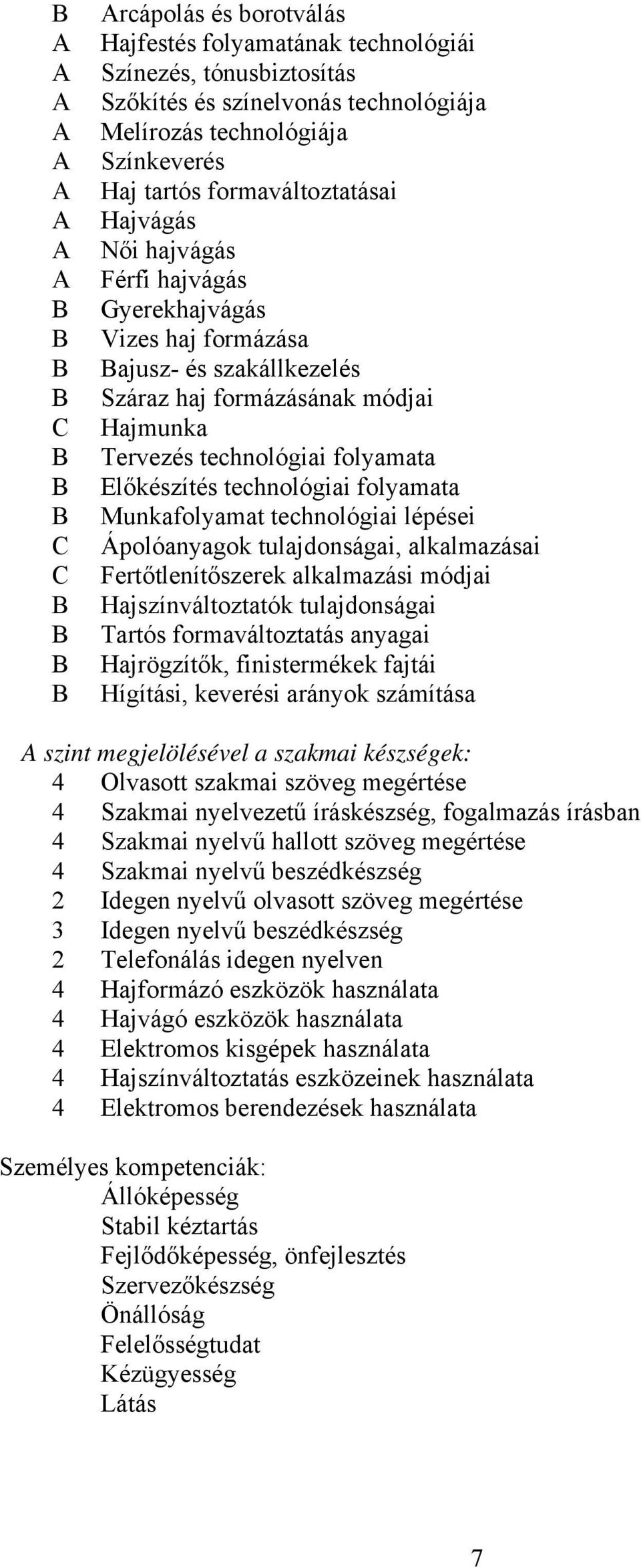 folyamata Munkafolyamat technológiai lépései Ápolóanyagok tulajdonságai, alkalmazásai Fertőtlenítőszerek alkalmazási módjai Hajszínváltoztatók tulajdonságai Tartós formaváltoztatás anyagai