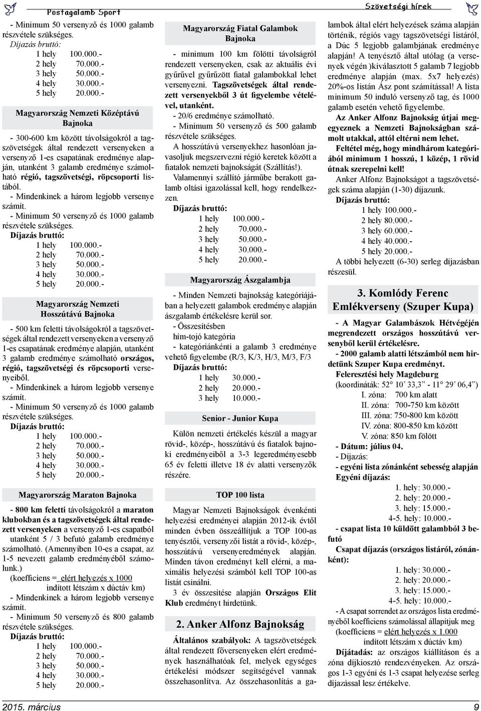 - Minimum 50 versenyző és 1000 galamb Magyarország Nemzeti Hosszútávú Bajnoka - 500 km feletti távolságokról a tagszövetségek által rendezett versenyeken a versenyző 1-es csapatának eredménye