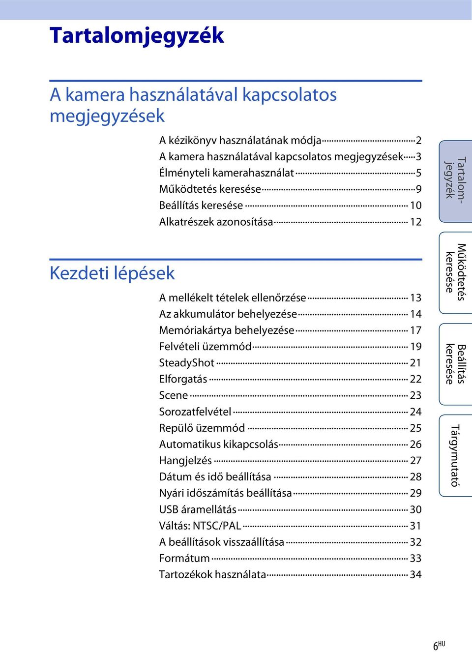 behelyezése 17 Felvételi üzemmód 19 SteadyShot 21 Elforgatás 22 Scene 23 Sorozatfelvétel 24 Repülő üzemmód 25 Automatikus kikapcsolás 26 Hangjelzés 27