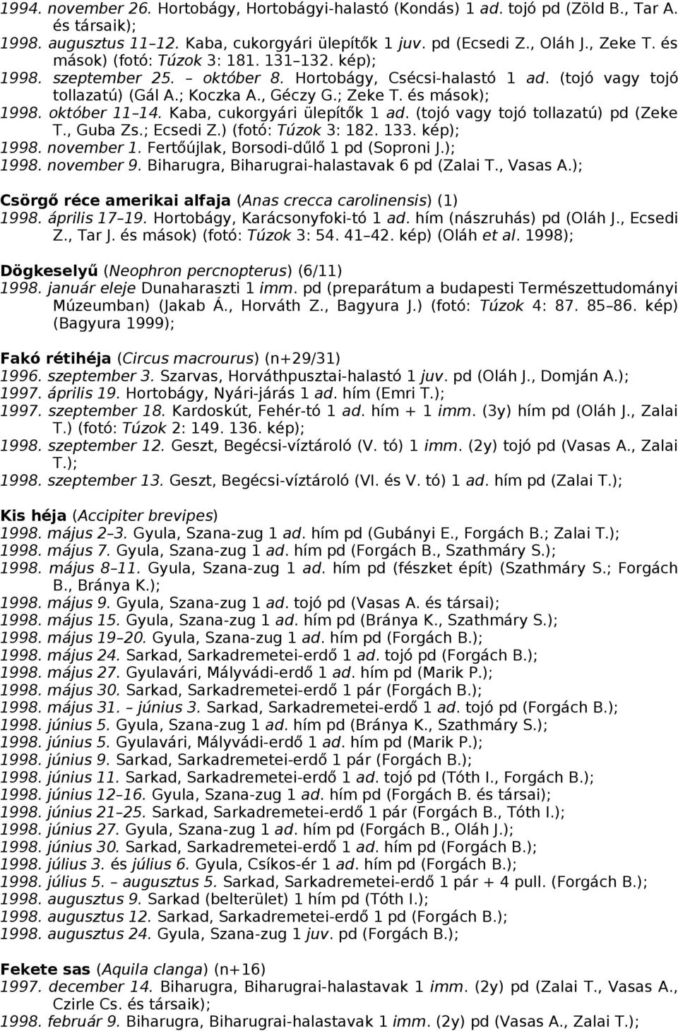 október 11 14. Kaba, cukorgyári ülepítők 1 ad. (tojó vagy tojó tollazatú) pd (Zeke T., Guba Zs.; Ecsedi Z.) (fotó: Túzok 3: 182. 133. kép); 1998. november 1. Fertőújlak, Borsodi-dűlő 1 pd (Soproni J.
