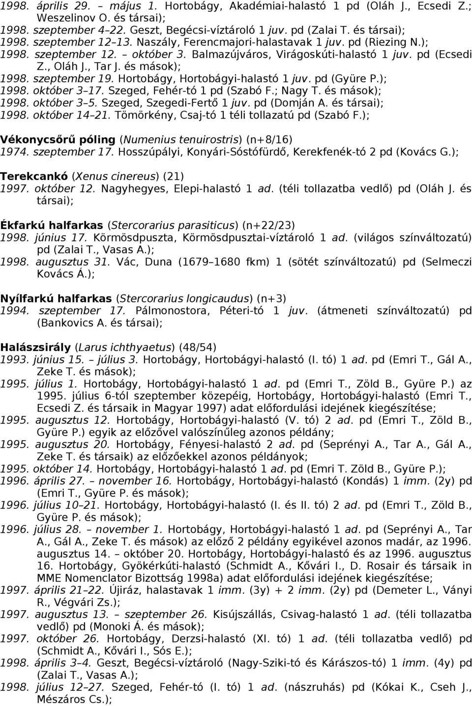 Hortobágy, Hortobágyi-halastó 1 juv. pd (Gyüre P.); 1998. október 3 17. Szeged, Fehér-tó 1 pd (Szabó F.; Nagy T. és mások); 1998. október 3 5. Szeged, Szegedi-Fertő 1 juv. pd (Domján A.