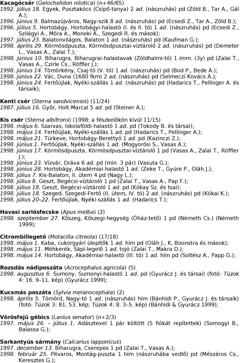 július 23. Balatonvilágos, Balaton 1 ad. (nászruhás) pd (Kaufman G.); 1998. április 29. Körmösdpuszta, Körmösdpusztai-víztároló 2 ad. (nászruhás) pd (Demeter L., Vasas A., Zalai T.); 1998. június 10.