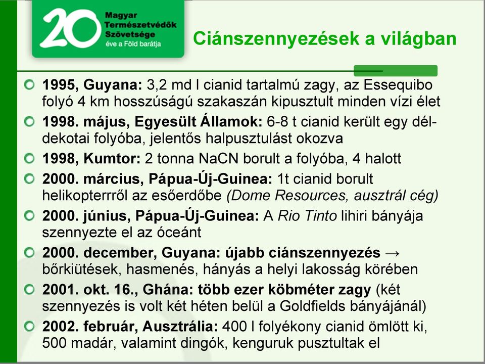 március, Pápua-Új-Guinea: 1t cianid borult helikopterrről az esőerdőbe (Dome Resources, ausztrál cég) 2000. június, Pápua-Új-Guinea: A Rio Tinto lihiri bányája szennyezte el az óceánt 2000.