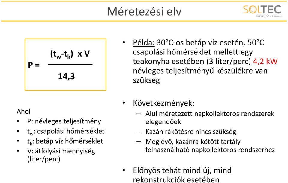 betápvíz hőmérséklet V: átfolyási mennyiség (liter/perc) Következmények: Alul méretezett napkollektoros rendszerek elegendőek Kazán