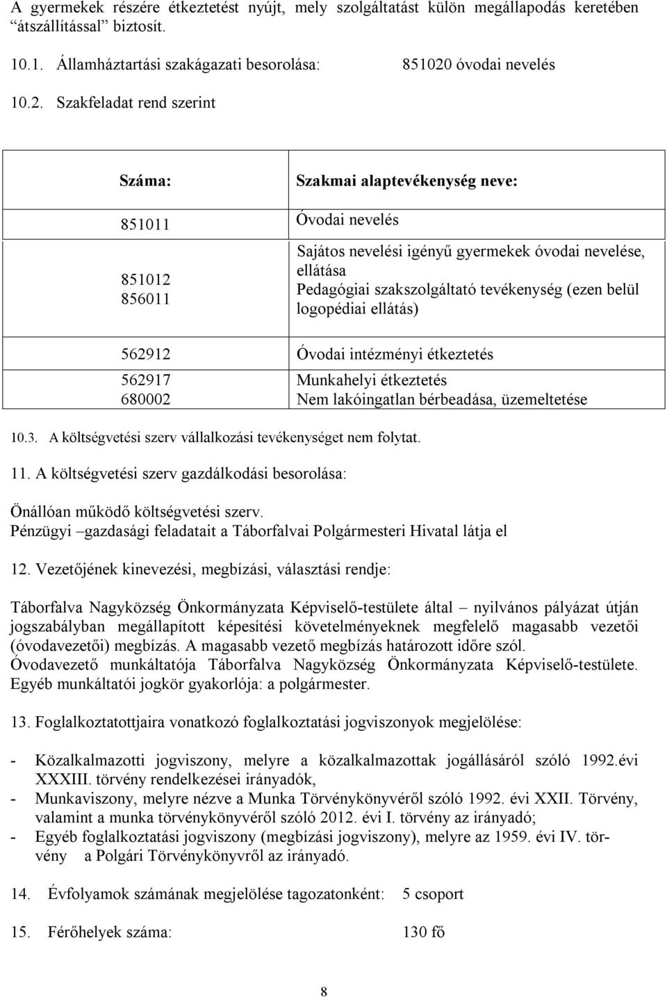 Szakfeladat rend szerint Száma: Szakmai alaptevékenység neve: 851011 Óvodai nevelés 851012 856011 Sajátos nevelési igényű gyermekek óvodai nevelése, ellátása Pedagógiai szakszolgáltató tevékenység