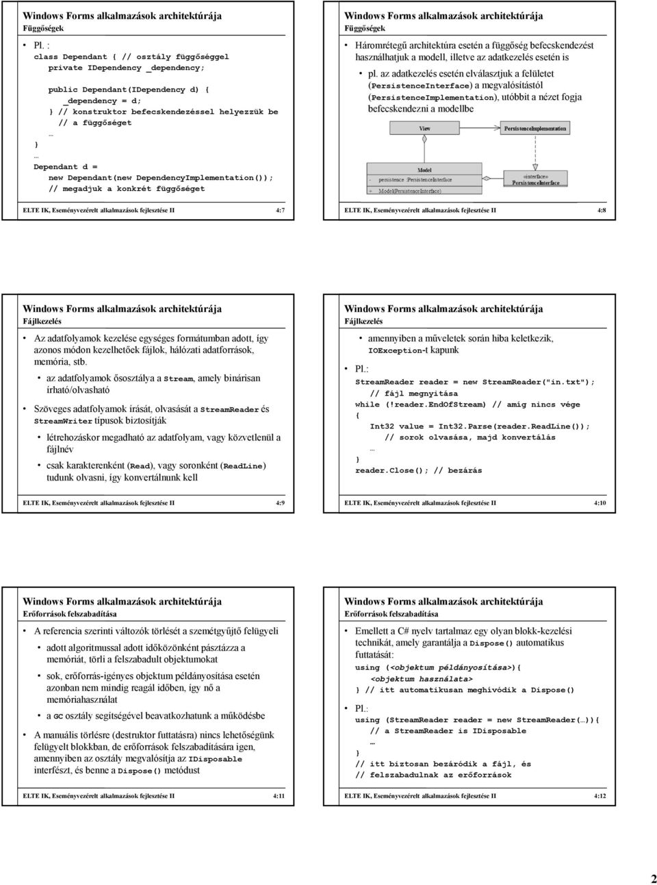 pl. az adatkezelés esetén elválasztjuk a felületet (PersistenceInterface) a megvalósítástól (PersistenceImplementation), utóbbit a nézet fogja befecskendezni a modellbe ELTE IK, Eseményvezérelt