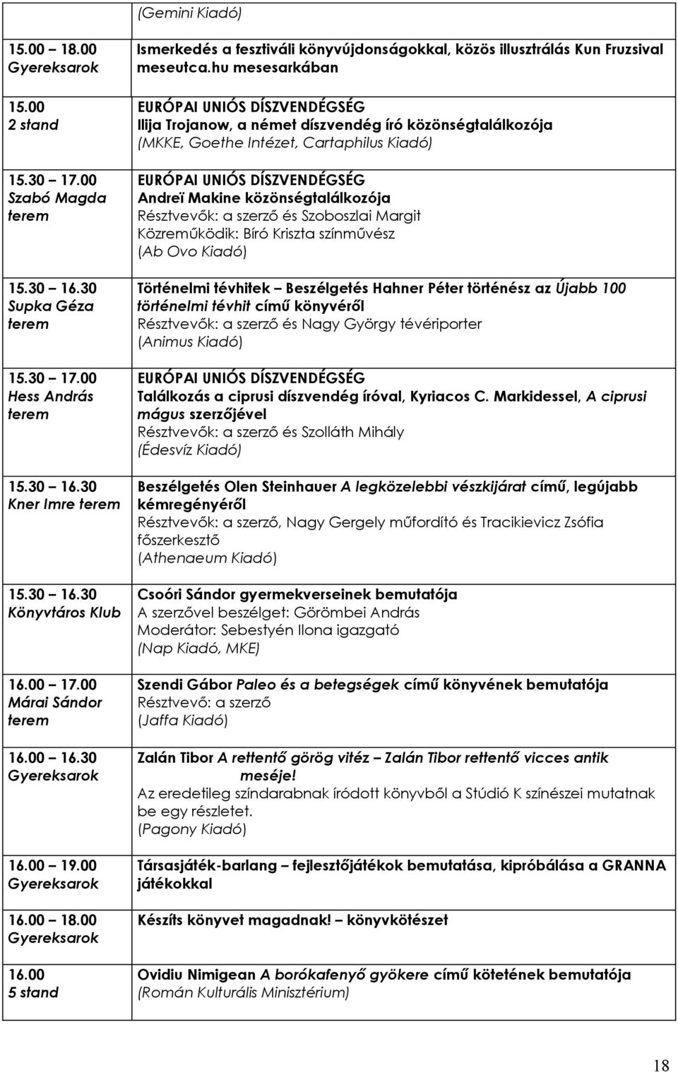 hu mesesarkában Ilija Trojanow, a német díszvendég író közönségtalálkozója (MKKE, Goethe Intézet, Cartaphilus Kiadó) Andreï Makine közönségtalálkozója Résztvevők: a szerző és Szoboszlai Margit
