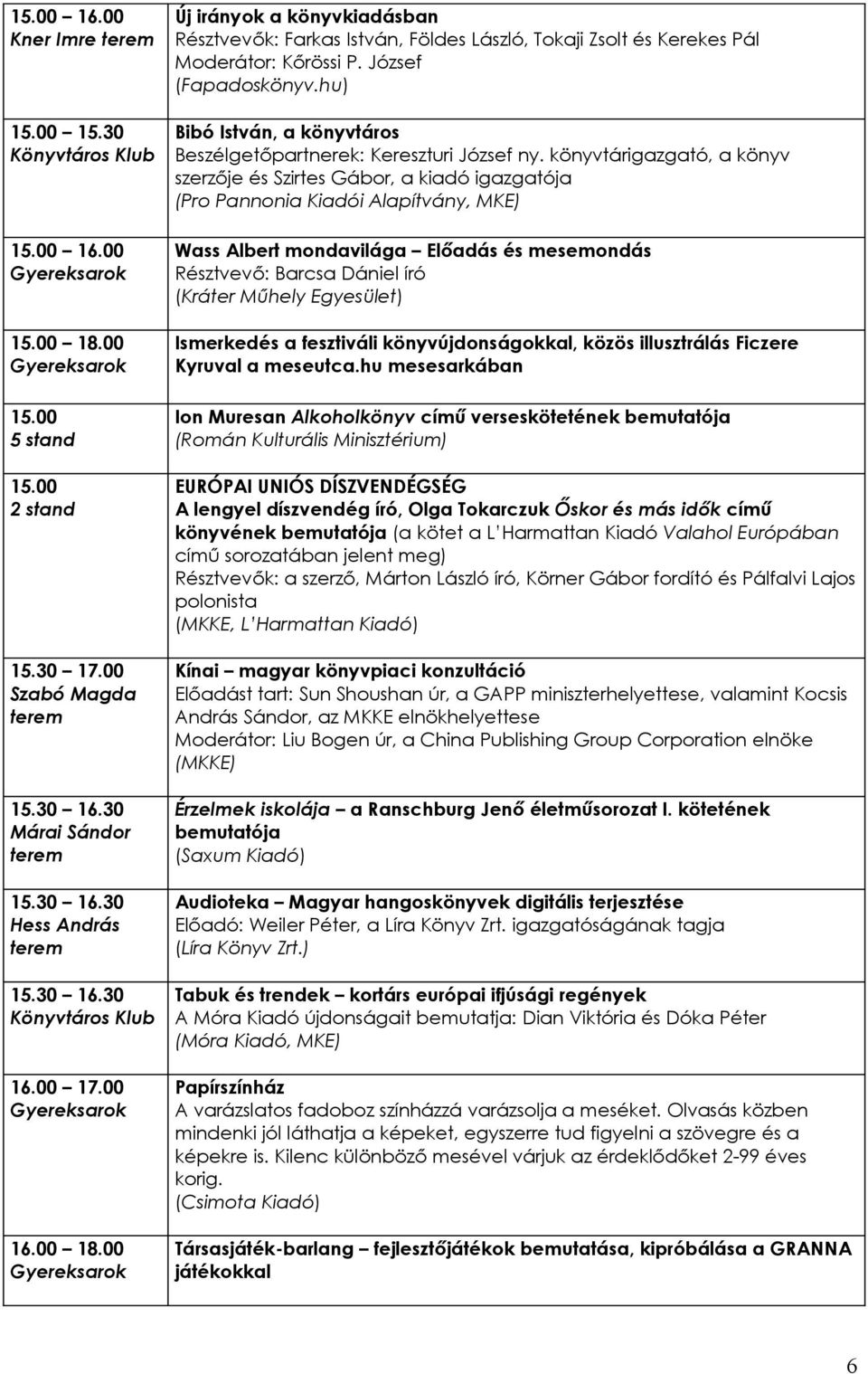 könyvtárigazgató, a könyv szerzője és Szirtes Gábor, a kiadó igazgatója (Pro Pannonia Kiadói Alapítvány, MKE) Wass Albert mondavilága Előadás és mesemondás Résztvevő: Barcsa Dániel író (Kráter Műhely