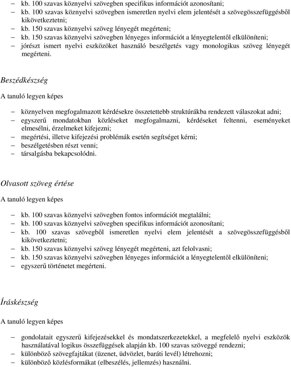 150 szavas köznyelvi szövegben lényeges információt a lényegtelentől elkülöníteni; jórészt ismert nyelvi eszközöket használó beszélgetés vagy monologikus szöveg lényegét megérteni.