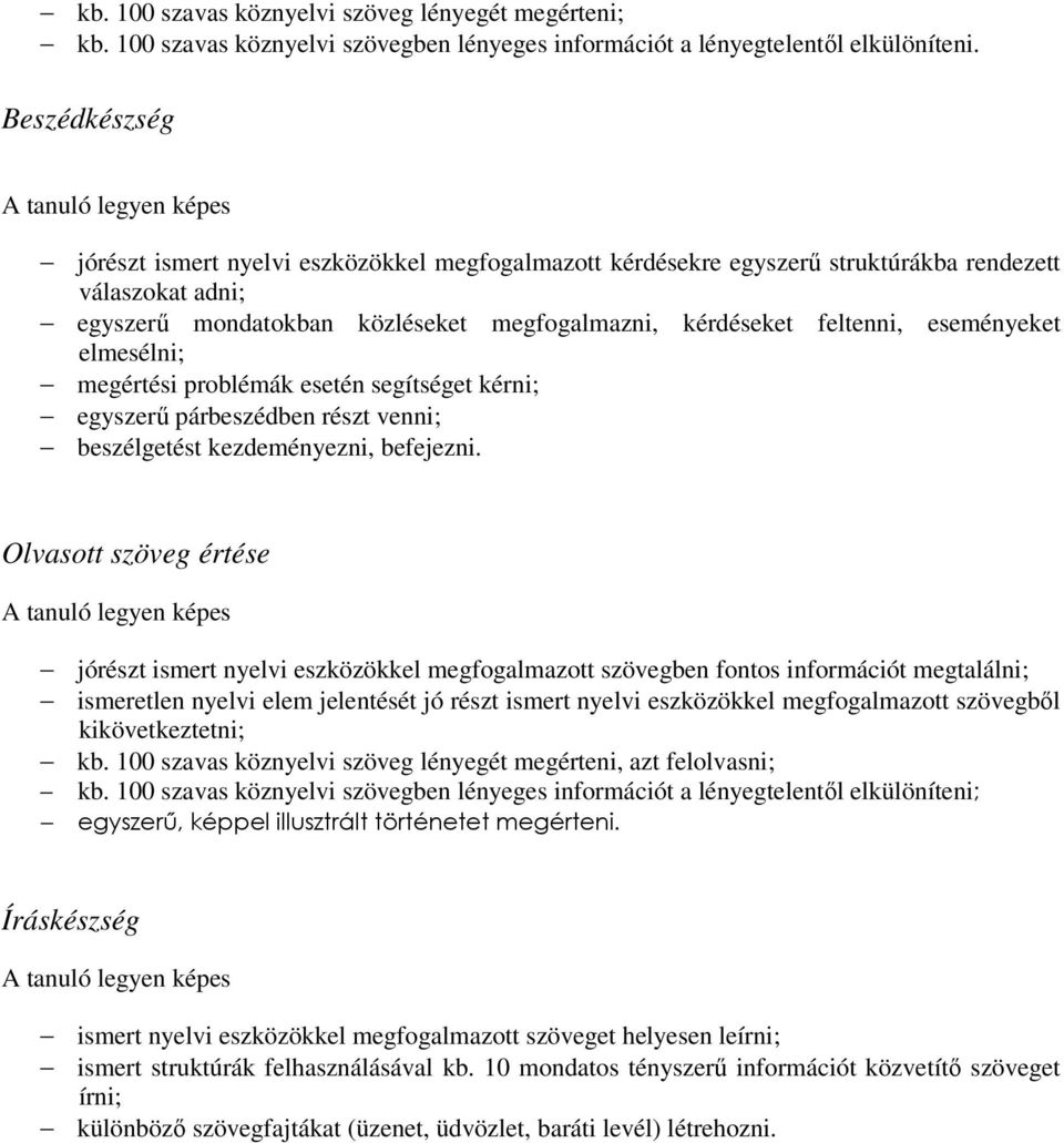 eseményeket elmesélni; megértési problémák esetén segítséget kérni; egyszerű párbeszédben részt venni; beszélgetést kezdeményezni, befejezni.