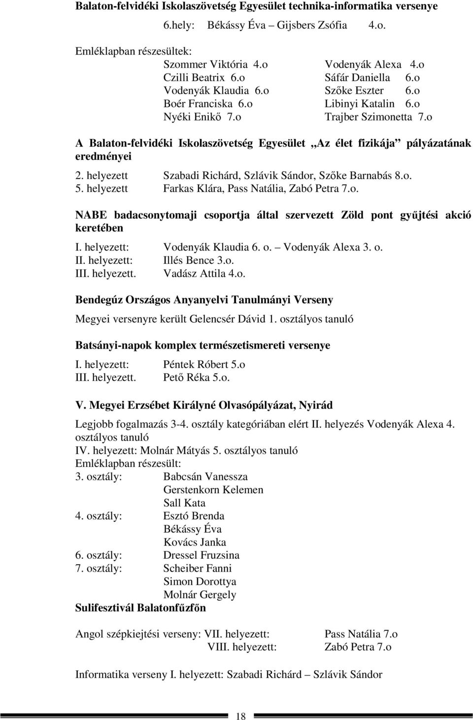 o A Balaton-felvidéki Iskolaszövetség Egyesület Az élet fizikája pályázatának eredményei 2. helyezett Szabadi Richárd, Szlávik Sándor, Szőke Barnabás 8.o. 5.