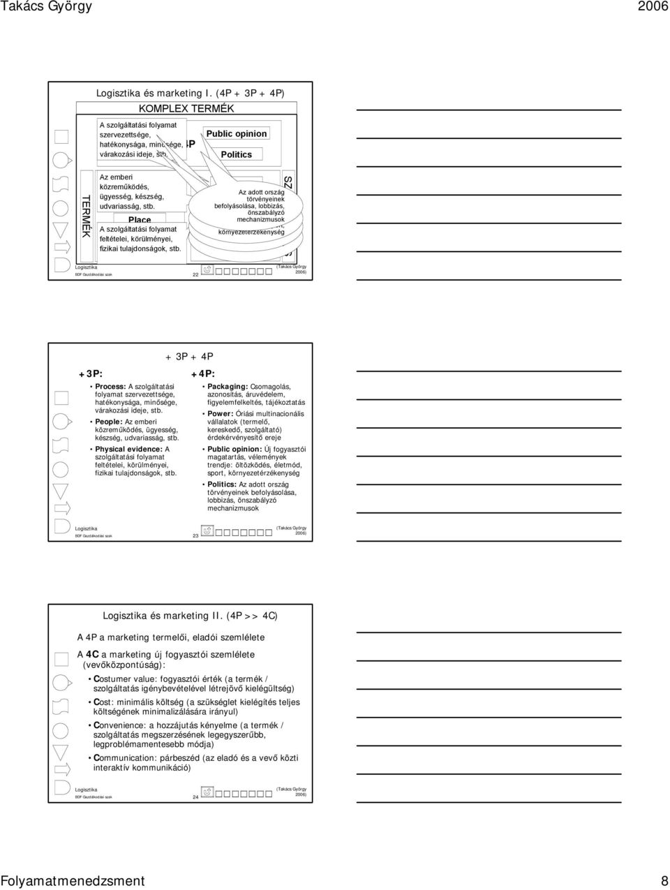 4P BDF Gazdálkodási szak 22 Process Az adott ország törvényeinek Új befolyásolása, fogyasztói Peoplemagatartás, lobbizás, Óriási vélemények multinacionális önszabályzó trendje: öltözködés, Physical