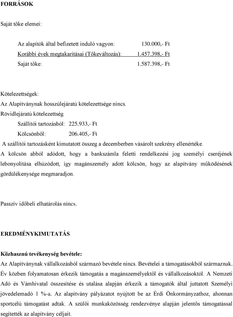 405,- Ft A szállítói tartozásként kimutatott összeg a decemberben vásárolt szekrény ellenértéke.