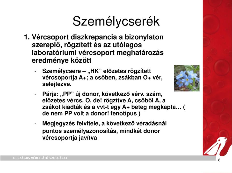 Személycsere HK elızetes rögzített vércsoportja A+; a csıben, zsákban O+ vér, selejtezve. - Párja: PP új donor, következı vérv.