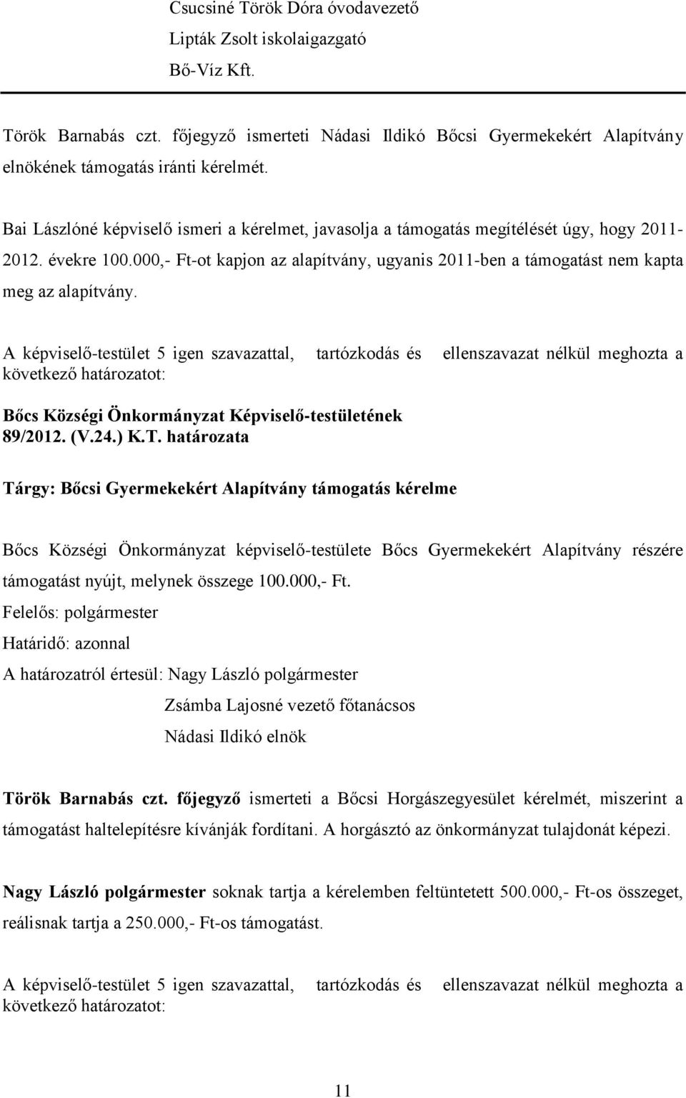 A képviselő-testület 5 igen szavazattal, tartózkodás és ellenszavazat nélkül meghozta a 89/2012. (V.24.) K.T.