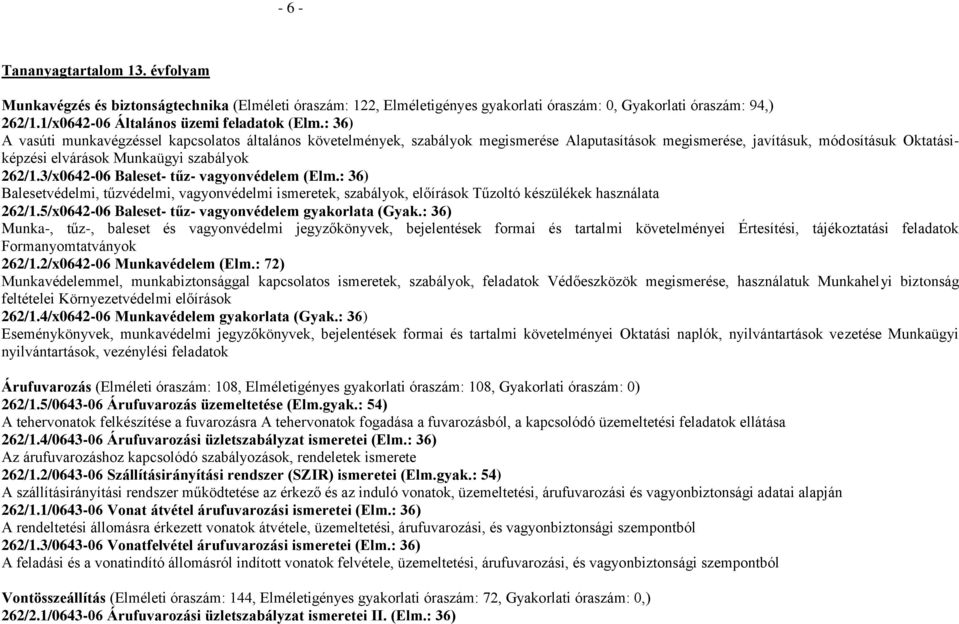 : 36) A vasúti munkavégzéssel kapcsolatos általános követelmények, szabályok megismerése Alaputasítások megismerése, javításuk, módosításuk Oktatásiképzési elvárások Munkaügyi szabályok 262/1.