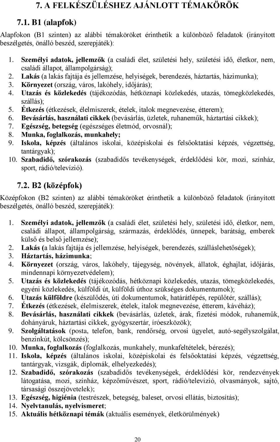 Lakás (a lakás fajtája és jellemzése, helyiségek, berendezés, háztartás, házimunka); 3. Környezet (ország, város, lakóhely, időjárás); 4.