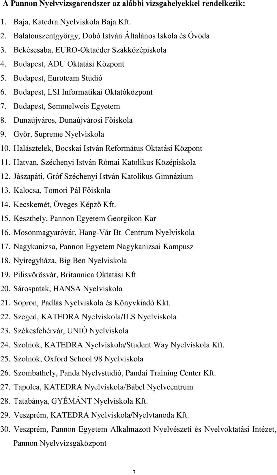 Dunaújváros, Dunaújvárosi Főiskola 9. Győr, Supreme Nyelviskola 10. Halásztelek, Bocskai István Református Oktatási Központ 11. Hatvan, Széchenyi István Római Katolikus Középiskola 12.