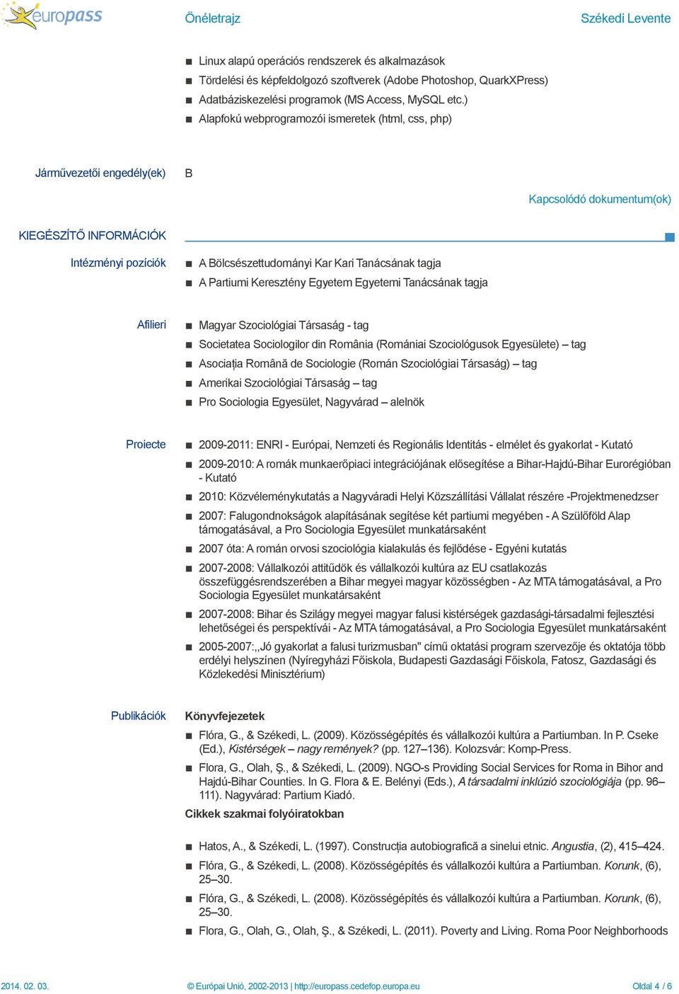 Partiumi Keresztény Egyetem Egyetemi Tanácsának tagja Afilieri Magyar Szociológiai Társaság - tag Societatea Sociologilor din România (Romániai Szociológusok Egyesülete) tag Asociaţia Română de