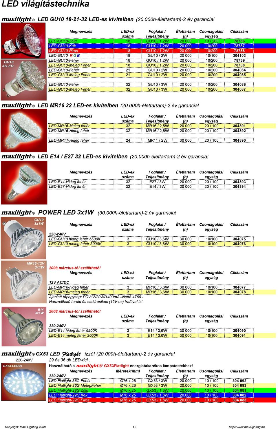 20 000 10/200 78758 LED-GU10- R G B 18 GU10 / 2W 20 000 10/100 304103 LED-GU10-Fehér 18 GU10 / 1,2W 20 000 10/200 78759 LED-GU10-Meleg Fehér 18 GU10 / 1,2W 20 000 10/200 78768 LED-GU10-Fehér 21 GU10