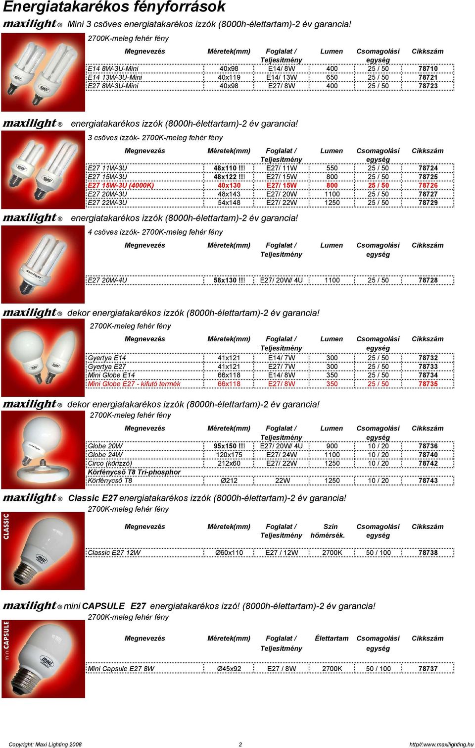 40x98 E27/ 8W 400 25 / 50 78723 maxilight energiatakarékos izzók (8000h-élettartam)-2 év garancia!