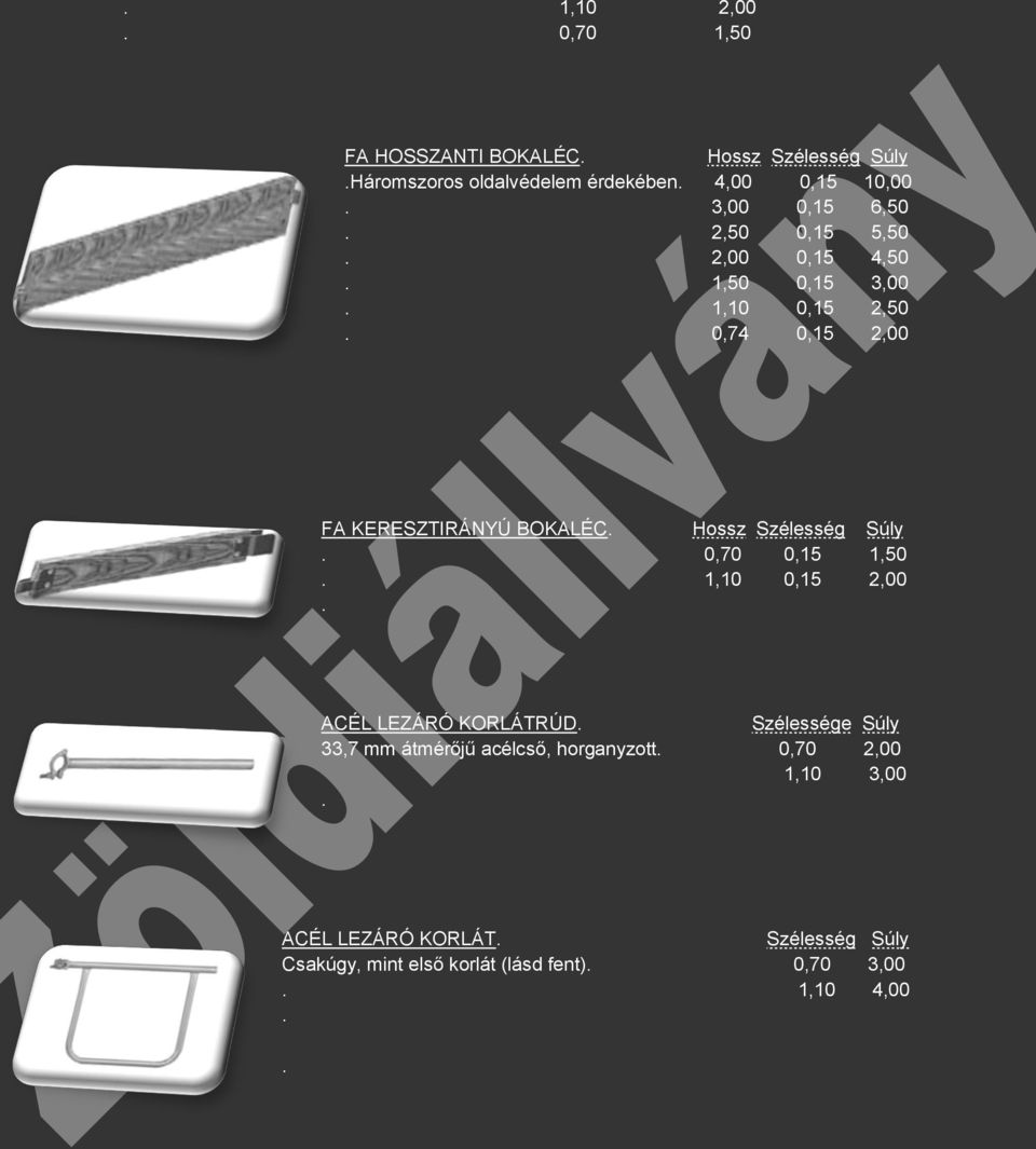 BOKALÉC Hossz Szélesség 0,70 0,15 1,50 1,10 0,15 2,00 ACÉL LEZÁRÓ KORLÁTRÚD Szélessége 33,7 mm átmérőjű