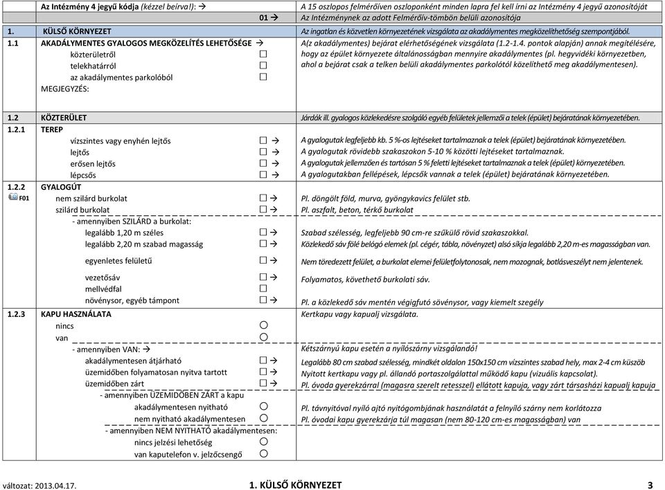 KÜLSŐ KÖRNYEZET Az ingatlan és közvetlen környezetének vizsgálata az akadálymentes megközelíthetőség szempontjából. 1.