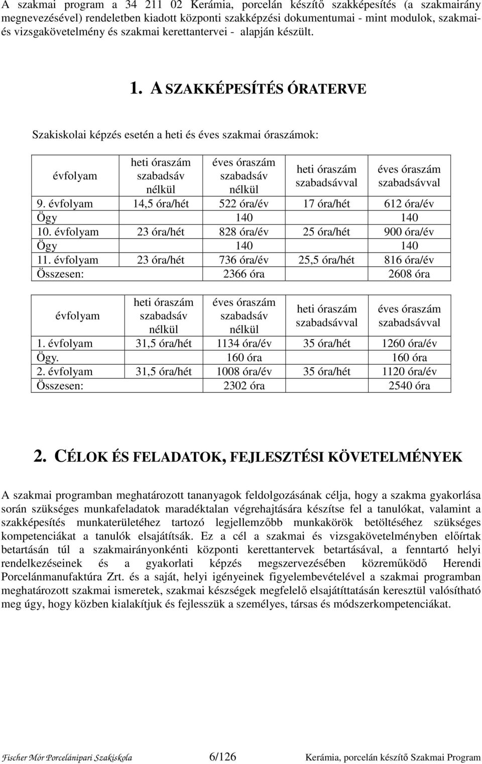 A SZAKKÉPESÍTÉS ÓRATERVE Szakiskolai képzés esetén a heti és éves szakmai óraszámok: évfolyam heti óraszám szabadsáv nélkül éves óraszám szabadsáv nélkül heti óraszám szabadsávval éves óraszám