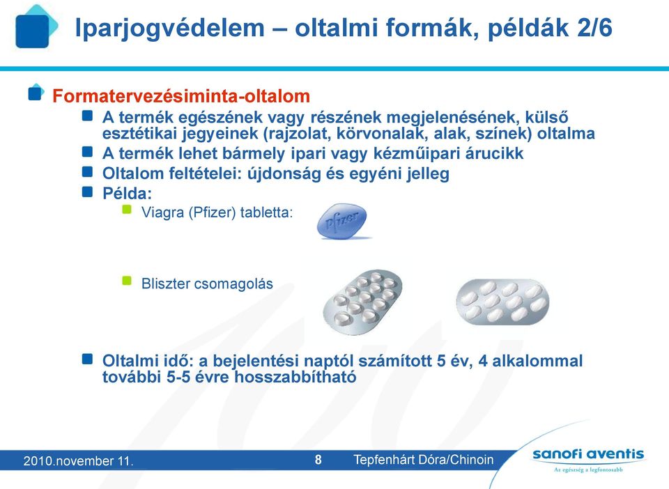 árucikk Oltalom feltételei: újdonság és egyéni jelleg Példa: Viagra (Pfizer) tabletta: Bliszter csomagolás Oltalmi idő:
