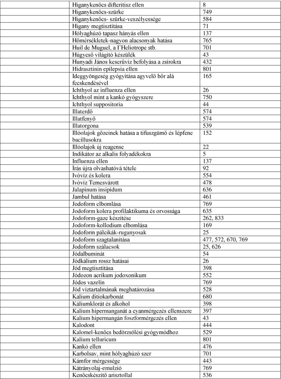 701 Húgycső világító készülék 43 Hunyadi János keserűvíz befolyása a zsírokra 432 Hidrasztinin epilepsia ellen 801 Ideggyöngeség gyógyítása agyvelő bőr alá 165 fecskendésével Ichthyol az influenza