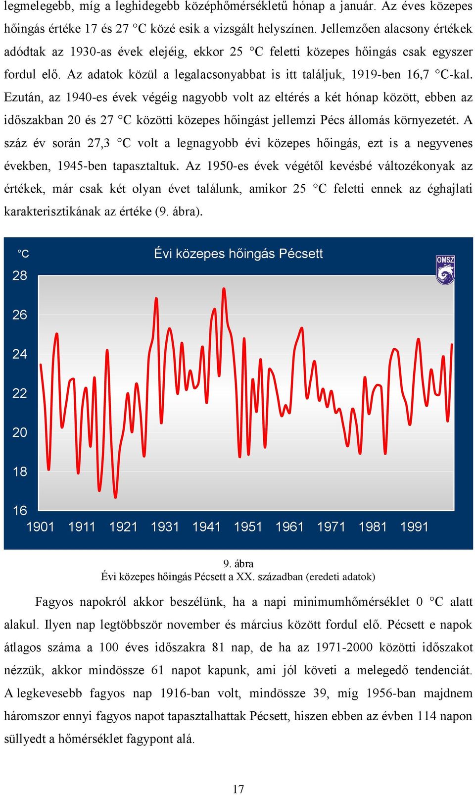 Ezután, az 1940-es évek végéig nagyobb volt az eltérés a két hónap között, ebben az időszakban 20 és 27 C közötti közepes hőingást jellemzi Pécs állomás környezetét.