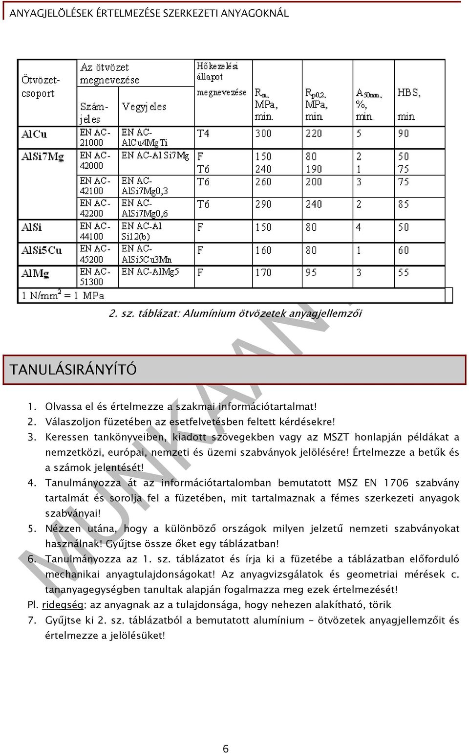 Tanulmányozza át az információtartalomban bemutatott MSZ EN 1706 szabvány tartalmát és sorolja fel a füzetében, mit tartalmaznak a fémes szerkezeti anyagok szabványai! 5.