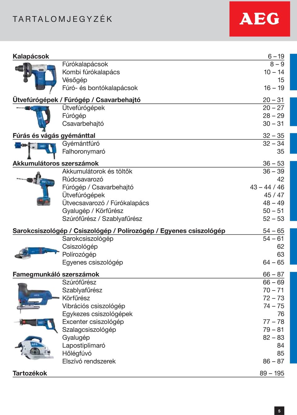 Ütvefúrógépek 45 / 47 Ütvecsavarozó / Fúrókalapács 48 49 Gyalugép / Körfűrész 50 51 Szúrófűrész / Szablyafűrész 52 53 Sarokcsiszológép / Csiszológép / Polírozógép / Egyenes csiszológép 54 65
