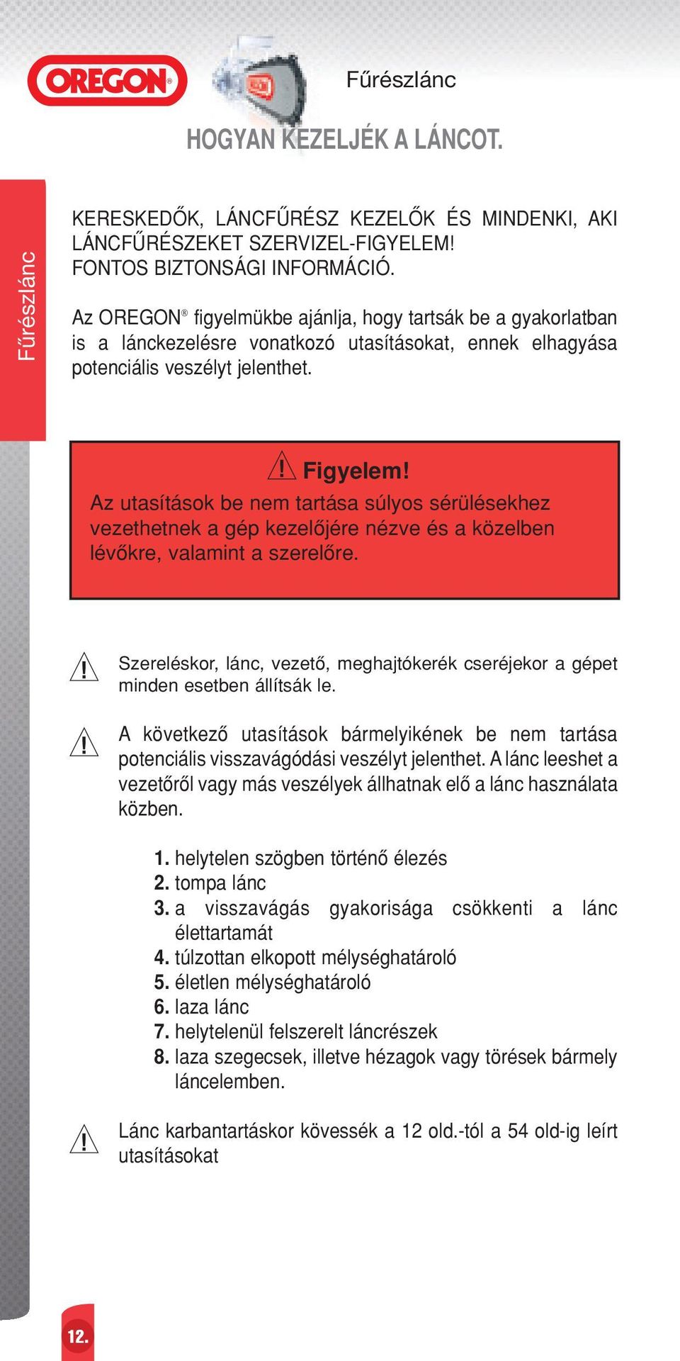 Az utasítások be nem tartása súlyos sérülésekhez vezethetnek a gép kezelœjére nézve és a közelben lévœkre, valamint a szerelœre.