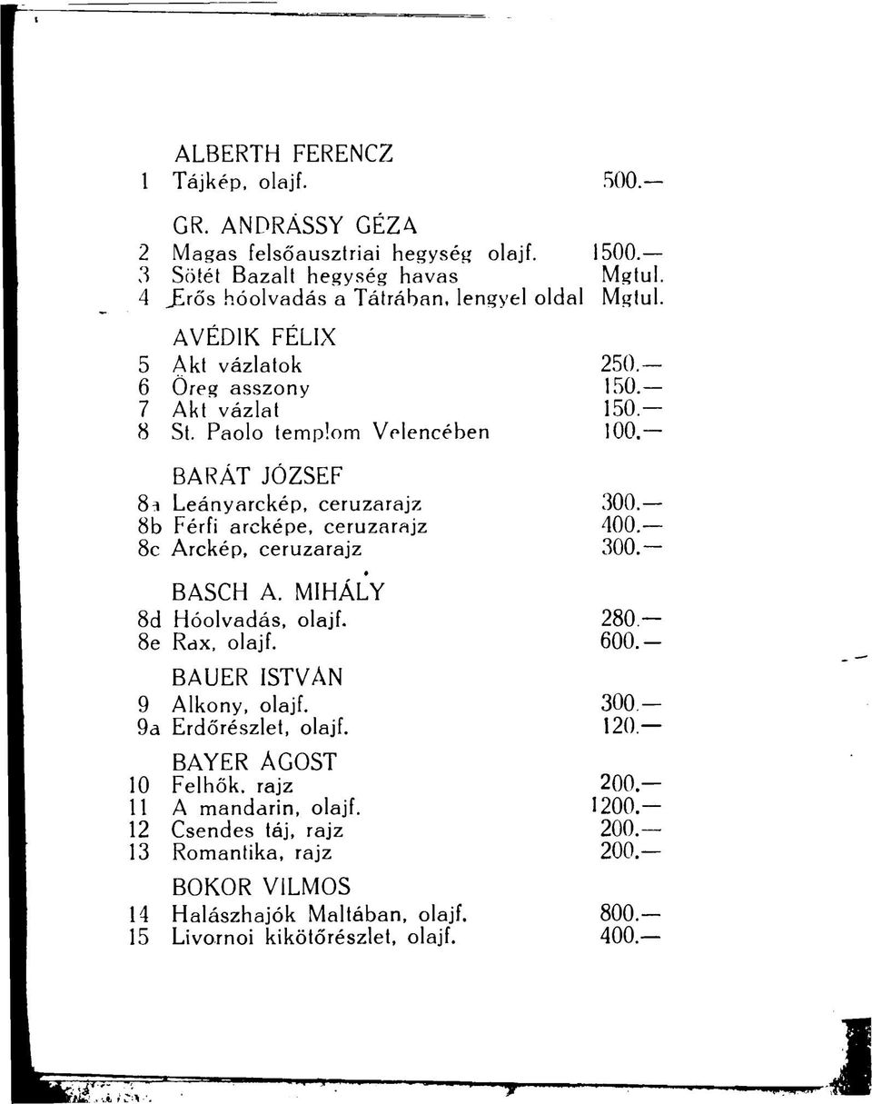 BARÁT JÓZSEF 8a Leányarckép, ceruzarajz 300. 8b Férfi arcképe, ceruzarajz 400. 8c Arckép, ceruzarajz 300. BASCH A. MIHÁLY 8d Hóolvadás, olajf. 280. 8e Rax, olajf. 600.