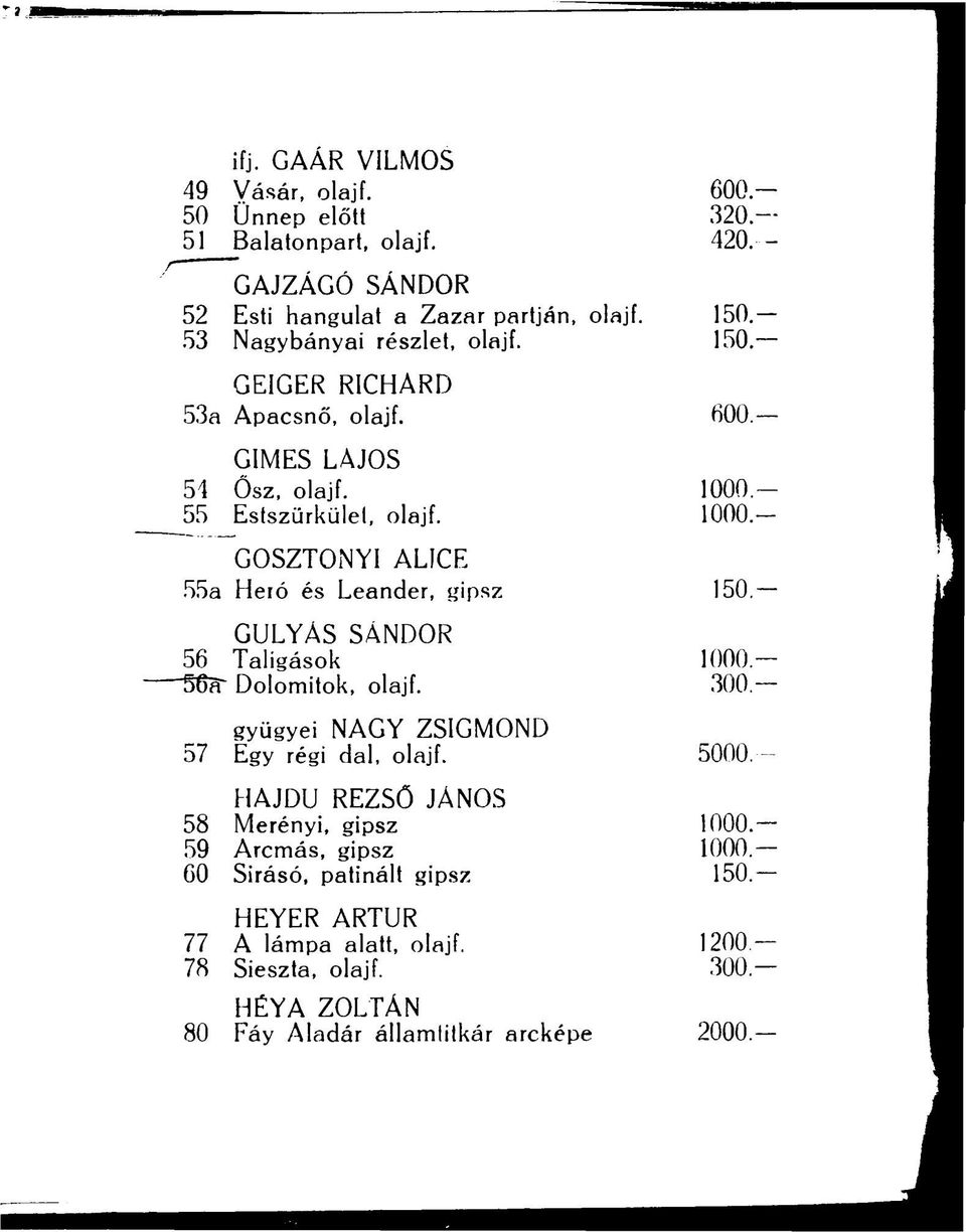 GULYÁS SÁNDOR 56 Taligások 1000. 56a- Dolomitok, olajf. 300. gyügyei NAGY ZSIGMOND 57 Egy régi dal, olajf. 5000. HAJDÚ REZSÓ JÁNOS 58 Merényi, gipsz 1000.