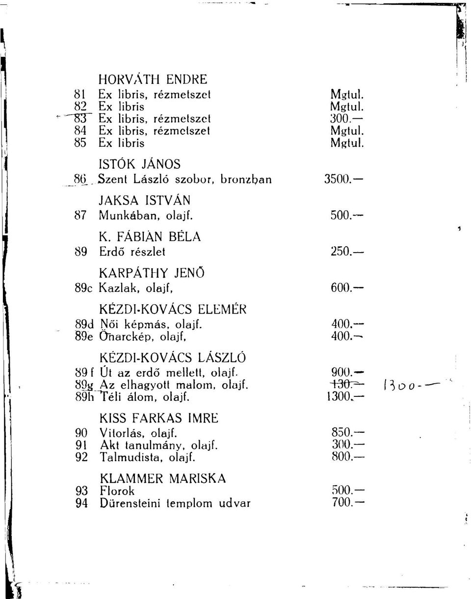 KARPÁTHY JENŐ 89c Kazlak, olajf, 600 KÉZDI-KOVÁCS ELEMÉR 89d Női képmás, olajf. 400. W~e Önarckép, olajf, 400.- KÉZDI-KOVÁCS LÁSZLÓ 89 f Út az erdő mellett, olajf.