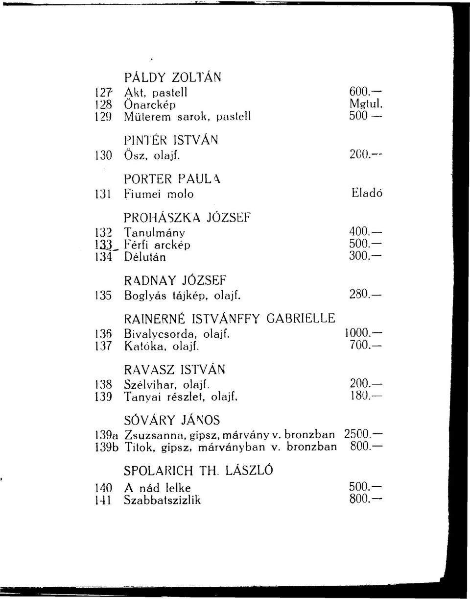 280. RAINERNÉ ISTVÁNFFY GABRIELLE 136 Bivalycsorda, olajf. 1000-137 Katóka, olajf. 700.- RAVASZ ISTVÁN 138 Szélvihar, olajf. 200.